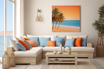 Fototapeta na wymiar Sunset Orange & Coastal Bliss: Mediterranean Lounge with Beige Sofa and Wall Art
