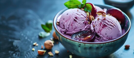 A bowl holds two perfectly scooped servings of ice cream, showcasing creamy swirls topped with a tempting array of toppings like roasted plums and chopped hazelnuts.