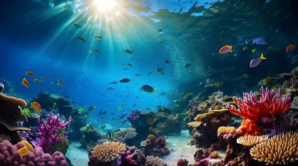 Tuinposter Tropical coral reef and fish. Underwater panorama. © Iman