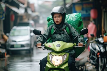  an Indonesian women working as online motorcycle taxi driver in green color safety driving clothing