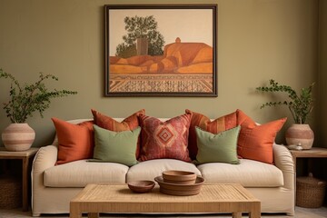 Mediterranean Color Palette: Modern Flat with Olive Green Couch, Terracotta Pillows, and Beige Wall