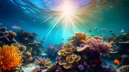 Underwater panorama of tropical coral reef with fish and sunlight. - obrazy, fototapety, plakaty