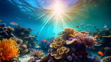 Foto op Aluminium Underwater panorama of tropical coral reef with fish and sunlight. © Iman