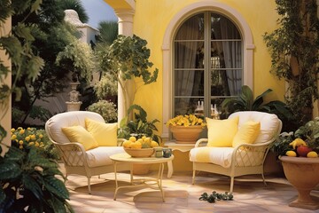 Refreshing Mediterranean Patio: Pastel Yellow Walls, Natural Stone, and Lush Green Plants