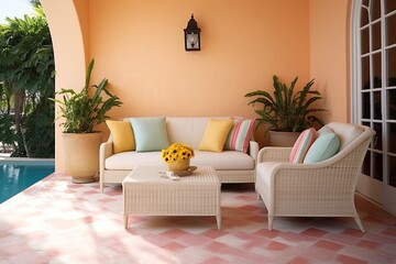 Stylish Mediterranean Patio: Pastel Cushioned Rattan Furniture Against Stucco Walls