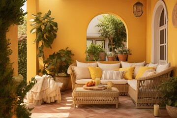 Mediterranean Color Palette Inspiration: Muted Yellow Walls & Rattan Seating on Outdoor Terrace