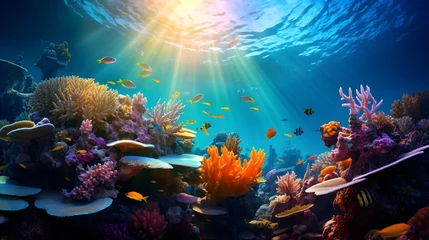 Poster Underwater panorama of coral reef with tropical fish and sunlight. © Iman