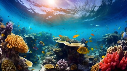 Underwater panorama of the coral reef and tropical fish. Philippines.