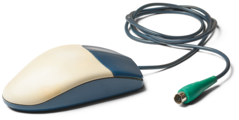 old computer mouse with ps/2 connector or port, two button early mouse which used rubber balls on the underside to track movement, isolated on white background