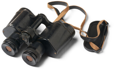 set of old classic black binoculars with metal housing and anti-reflective coating on the lenses used for activities such as birdwatching, hunting or military observation, isolated on white background