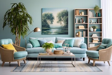 Transforming Scandinavian Living Room: Mediterranean Color Palette Ideas with Azure Blues and Mint Green Sofas