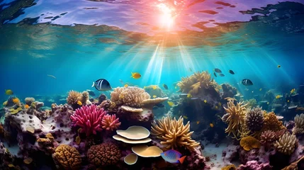 Selbstklebende Fototapeten Underwater panorama of coral reef with fishes. Underwater world. © Iman