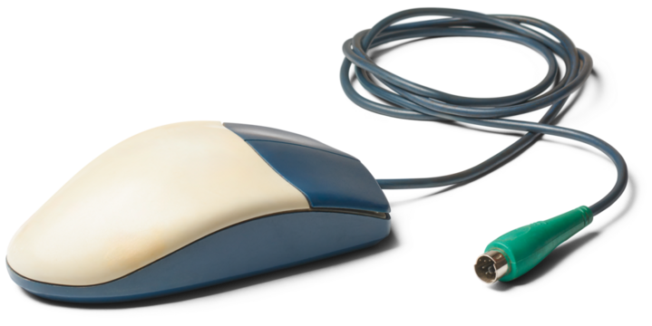 old computer mouse with ps/2 connector or port, two button early mouse which used rubber balls on the underside to track movement, isolated on white background