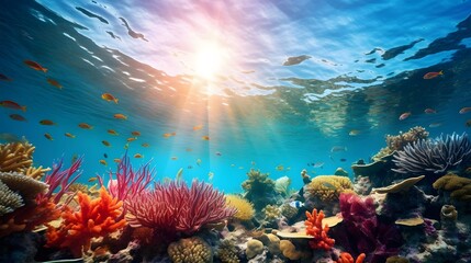Fototapeta na wymiar Underwater panorama of coral reef and tropical fish, underwater landscape