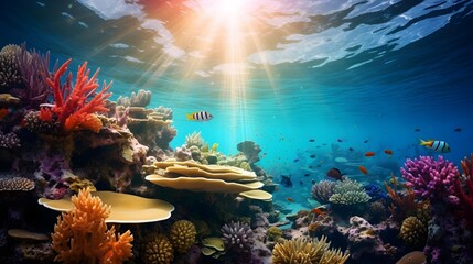 Obraz na płótnie Canvas Underwater panorama of coral reef and tropical fish with sunlight.