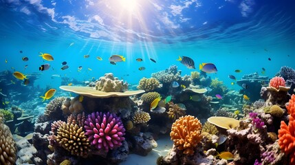 Panoramic view of the underwater world with corals and tropical fish