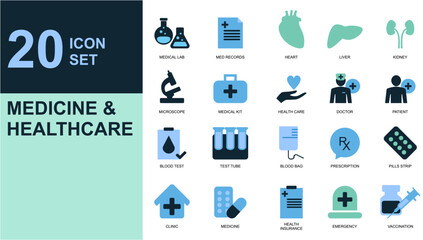 Medicine and Healthcare icons Medical, check up, doctor, dentistry, pharmacy, lab, scientific discovery, collection. Simple vector illustration.