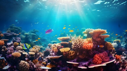 Underwater view of coral reef and tropical fish. Panorama.