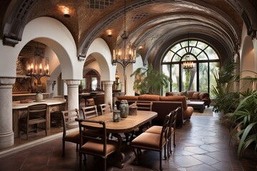 Fototapeta na wymiar Mediterranean Dining Area: Arched Ceiling Metal & Leather Seating Inspirations