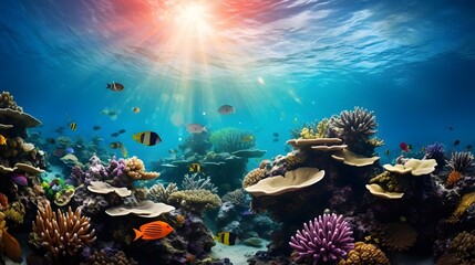 Fototapeta na wymiar Underwater panoramic view of coral reef and tropical fish.