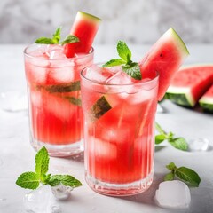 Refreshing summer drink with watermelon and ice cubes,side view, close up