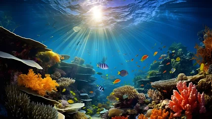 Foto auf Glas Underwater panorama of coral reef and tropical fish with sun rays © Iman