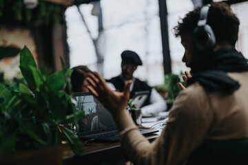 A young male freelancer wears headphones, focusing on his work at a laptop in a bustling cafe, surrounded by the vibrancy of urban life.