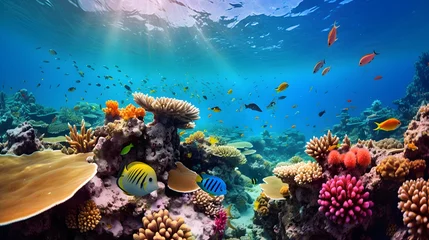 Fototapeten Coral reef and tropical fish. Underwater panoramic view. © Iman