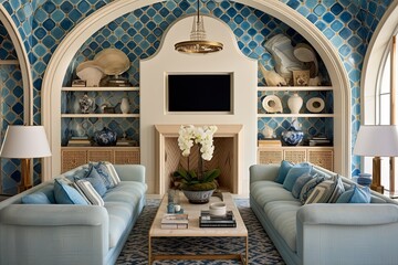Geometric Wave Patterned Tiles, Arch Ceiling, and Mediterranean Living Room with Unique Wallpaper Designs