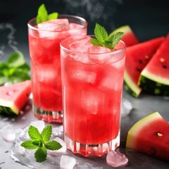 Refreshing smoothie with watermelon and ice chips, side view, close up