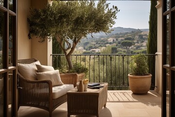Mediterranean Villa Urban Garden Balcony: Rattan Seat & Potted Olive Trees Paradise - obrazy, fototapety, plakaty