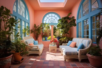 Fototapeta premium Seashell Accents Mediterranean Villa: Coral Details, Blue Walls & Sunny Patio