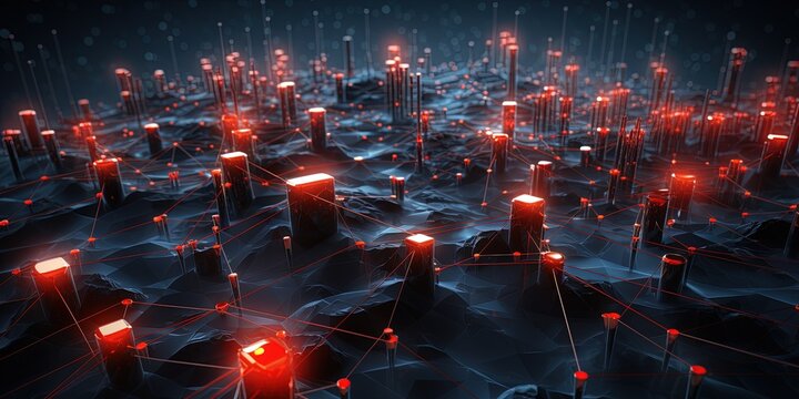 Vibrant digital artwork depicting a glowing red node within a complex network, illustrating data flow