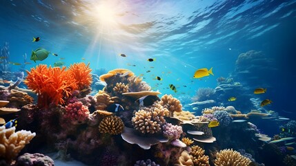 Fototapeta na wymiar Underwater panorama of coral reef with fishes and corals.