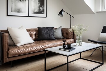 Metal and Leather Seating Enhancing Nordic Home: White Sofa and Black Coffee Table Composition