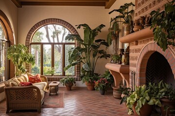 Mediterranean Villa Oasis: Woven Wall Hangings, Arch Ceiling & Lush Plant Decor
