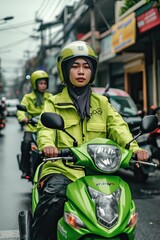  an Indonesian women working as online motorcycle taxi driver in green color safety driving clothing