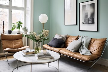 Mint Green Accents: Scandinavian Living Room with Metal and Leather Seating Inspirations