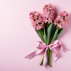 Branches of hyacinth with pink flowers and leaves with pink ribbon on pink background,close up, copy space
