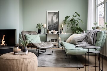 Metal and Leather Seating Scandinavian Living Room with Mint Green Accents: Inspiring Design Inspirations
