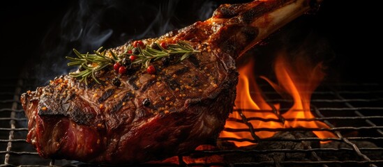 A close-up view of a charcoal-grilled Wagyu tomahawk steak being cooked over flames and smoke. The meat is sizzling on the grill, with flames in the background adding to the cooking process.
