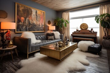 Vintage Console Elegance: Mid-Century Den with Faux Fur Accents and Metal Leather Seating - obrazy, fototapety, plakaty