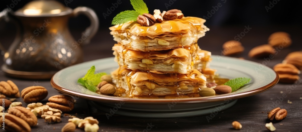 Poster a stack of fluffy pancakes topped with a generous amount of assorted nuts, resting on a white plate.