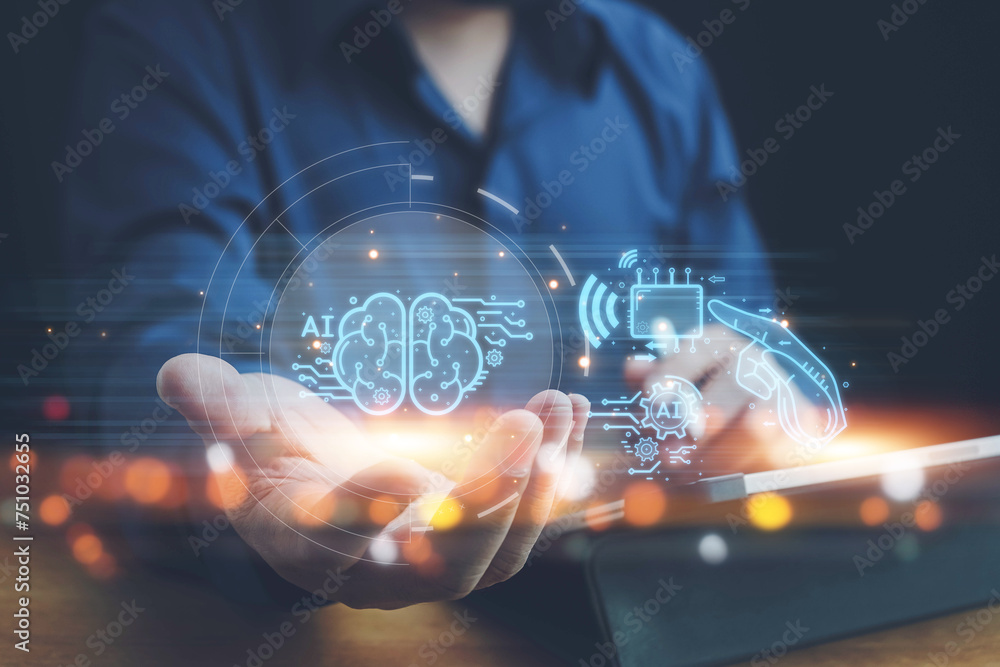 Poster ai technology, businessman show virtual graphic global internet connect chat with ai, artificial int