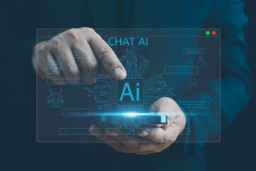Chat Bot, Ai tech, Chatbot conversation Ai Artificial Intelligence technology online customer service.Digital chatbot, OpenAI generate. Futuristic technology. Virtual assistant on internet.