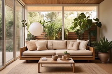 Mid-Century Modern Home: Warm Neutral Colors, Green Plants, Contemporary Sofa