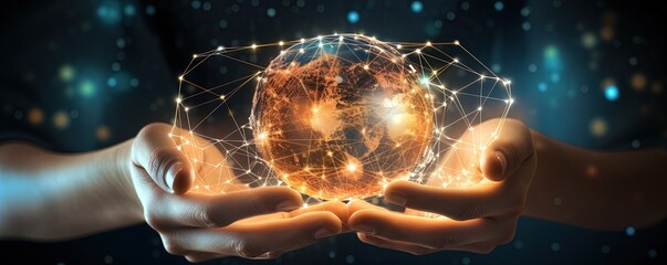 Hand holding Global network connection to big data around the world.a nd tecnology internet metaverse concept