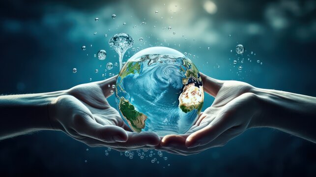 Illustration design of a globe with water and two hands, with a blue background and blurred light.
