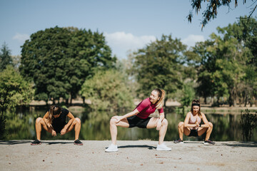 Fit females enjoying outdoor sports activities and training together in a city park. They have a...