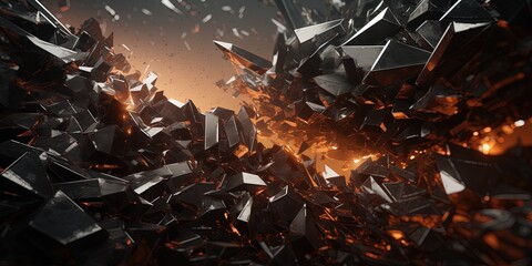 Metal shrapnel or fragments coming together. Unite, form, gather, join, concept. Abstract sci-fi style background. - obrazy, fototapety, plakaty